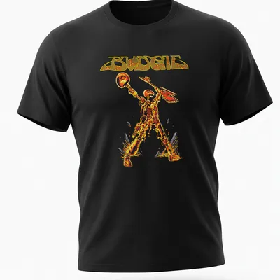 Bold Budgie T-shirt featuring a skeleton warrior in heavy metal style