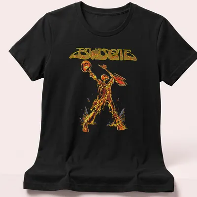 Bold Budgie T-shirt featuring a skeleton warrior in heavy metal style — printed on a women's shirt
