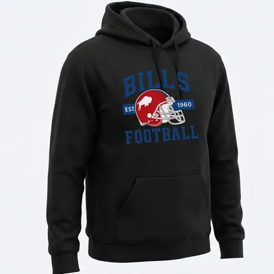 Vintage Buffalo Bills Football T-shirt featuring a football helmet and established date — printed on a unisex hoodie