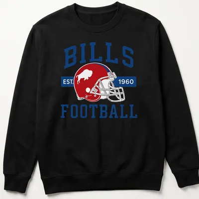 Vintage Buffalo Bills Football T-shirt featuring a football helmet and established date — printed on a unisex sweatshirt