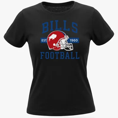 Vintage Buffalo Bills Football T-shirt featuring a football helmet and established date — printed on a women's shirt