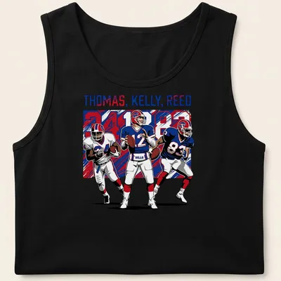 Retro Buffalo football t-shirt featuring Thomas, Kelly, Reed in red, blue, and white — printed on a tank top