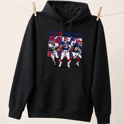 Retro Buffalo football t-shirt featuring Thomas, Kelly, Reed in red, blue, and white — printed on a unisex hoodie