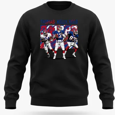Retro Buffalo football t-shirt featuring Thomas, Kelly, Reed in red, blue, and white — printed on a unisex sweatshirt