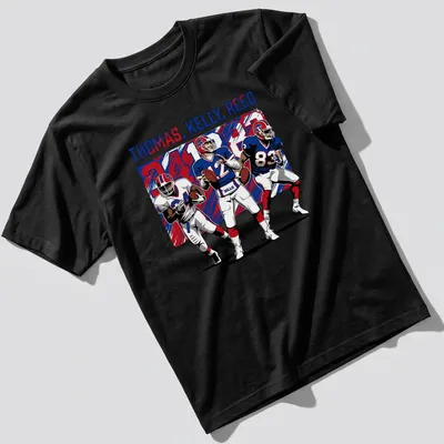 Retro Buffalo football t-shirt featuring Thomas, Kelly, Reed in red, blue, and white