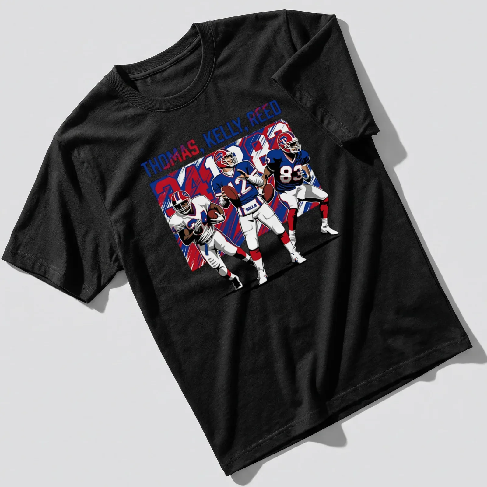 Retro Buffalo football t-shirt featuring Thomas, Kelly, Reed in red, blue, and white — printed on a unisex t-shirt