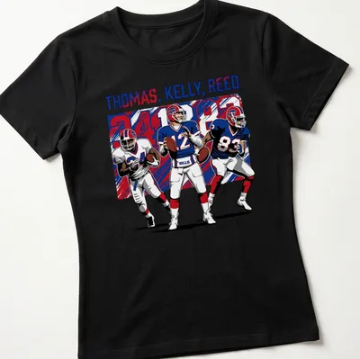 Retro Buffalo football t-shirt featuring Thomas, Kelly, Reed in red, blue, and white — printed on a women's shirt