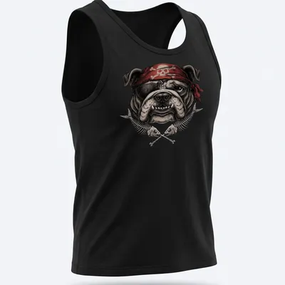 Vintage illustration of a bulldog wearing a pirate skull bandana in bold colors — printed on a tank top