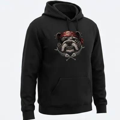 Vintage illustration of a bulldog wearing a pirate skull bandana in bold colors — printed on a unisex hoodie