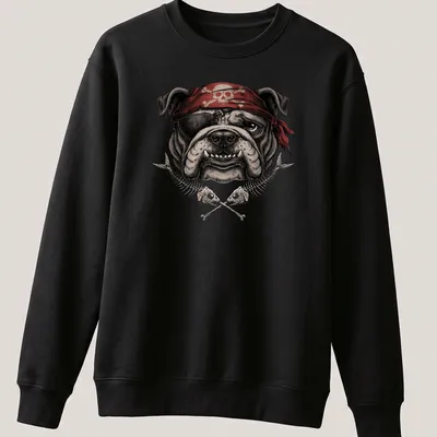 Vintage illustration of a bulldog wearing a pirate skull bandana in bold colors — printed on a unisex sweatshirt