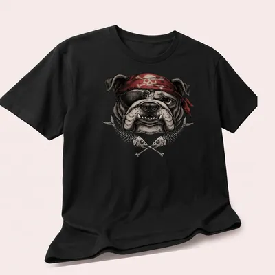 Vintage illustration of a bulldog wearing a pirate skull bandana in bold colors — printed on a unisex t-shirt (angled view)