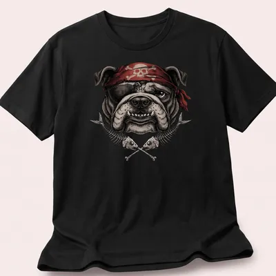 Vintage illustration of a bulldog wearing a pirate skull bandana in bold colors