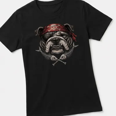 Vintage illustration of a bulldog wearing a pirate skull bandana in bold colors — printed on a women's shirt