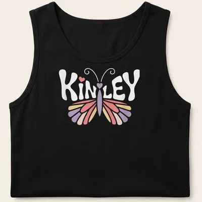 Vintage t-shirt with the name Kinley and a butterfly design in pastel colors — printed on a tank top