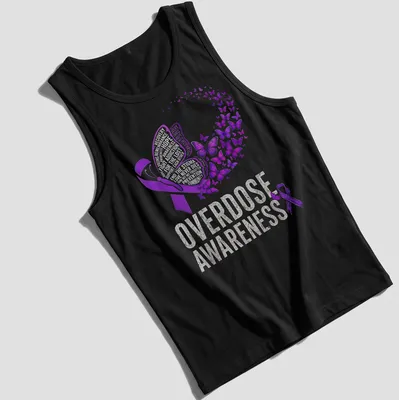 Vibrant butterfly design with text about overdose awareness and hope — printed on a tank top