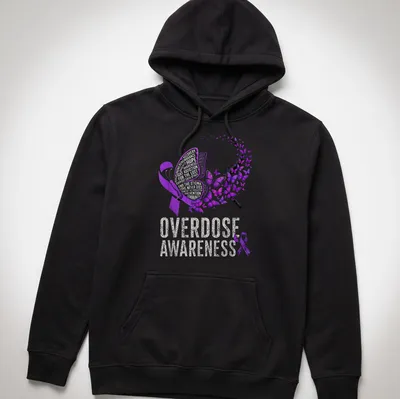 Vibrant butterfly design with text about overdose awareness and hope — printed on a unisex hoodie