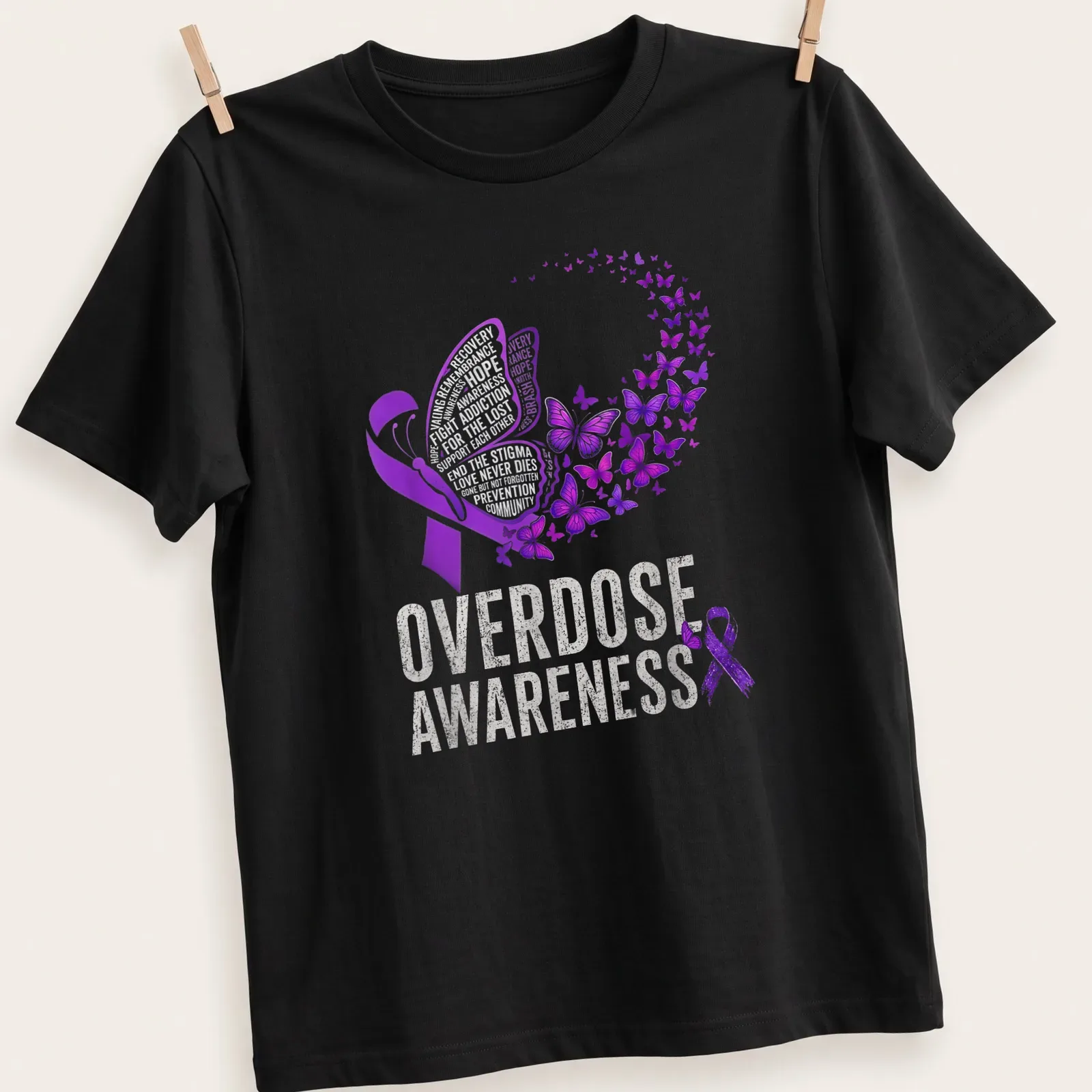 Vibrant butterfly design with text about overdose awareness and hope — printed on a unisex t-shirt