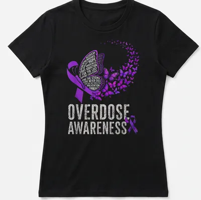 Vibrant butterfly design with text about overdose awareness and hope — printed on a women's shirt