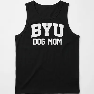 Bold typography BYU Dog Mom t-shirt featuring white lettering — printed on a tank top