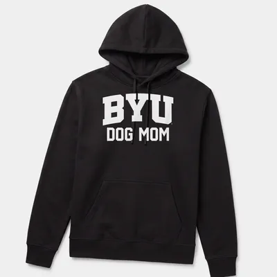 Bold typography BYU Dog Mom t-shirt featuring white lettering — printed on a unisex hoodie