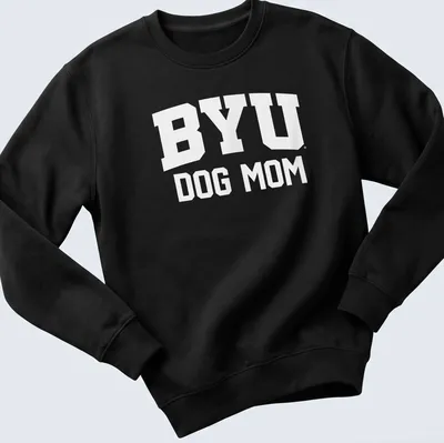 Bold typography BYU Dog Mom t-shirt featuring white lettering — printed on a unisex sweatshirt