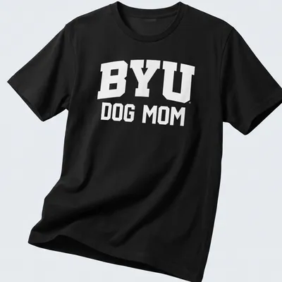 Bold typography BYU Dog Mom t-shirt featuring white lettering