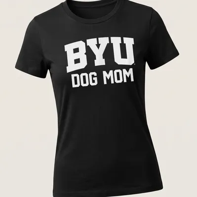 Bold typography BYU Dog Mom t-shirt featuring white lettering — printed on a women's shirt