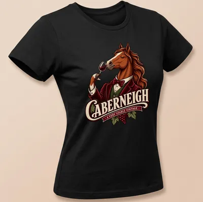 Vintage style shirt with horse graphic and humorous text about stability — printed on a women's shirt