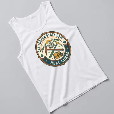 Vintage badge style t-shirt featuring California's state gem with crystals and tools — printed on a tank top