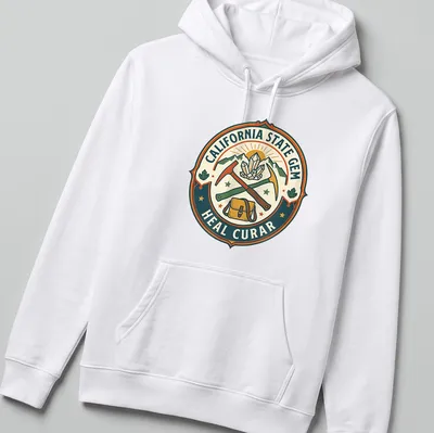 Vintage badge style t-shirt featuring California's state gem with crystals and tools — printed on a unisex hoodie