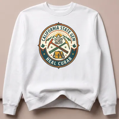 Vintage badge style t-shirt featuring California's state gem with crystals and tools — printed on a unisex sweatshirt