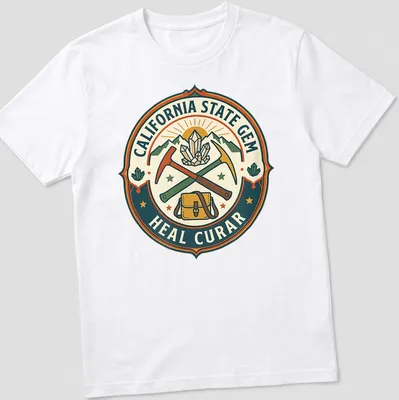 Vintage badge style t-shirt featuring California's state gem with crystals and tools