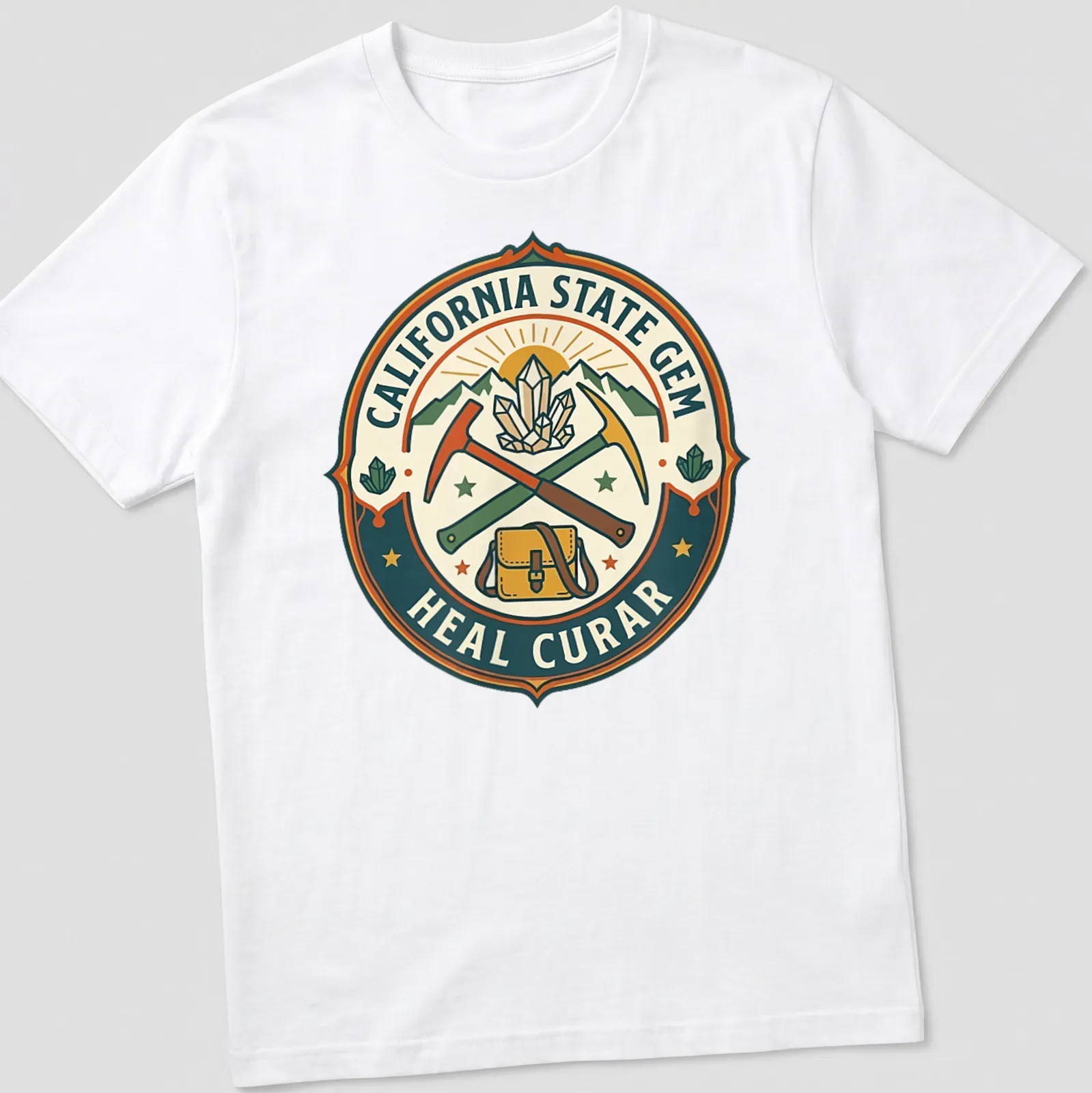 Vintage badge style t-shirt featuring California's state gem with crystals and tools — printed on a unisex t-shirt