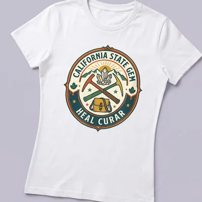 Vintage badge style t-shirt featuring California's state gem with crystals and tools — printed on a women's shirt