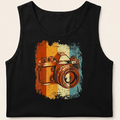 Retro distressed Camera t-shirt with vibrant color stripes in orange, yellow, teal, and white — printed on a tank top