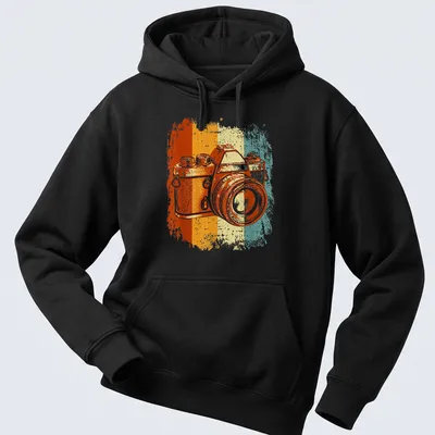 Retro distressed Camera t-shirt with vibrant color stripes in orange, yellow, teal, and white — printed on a unisex hoodie