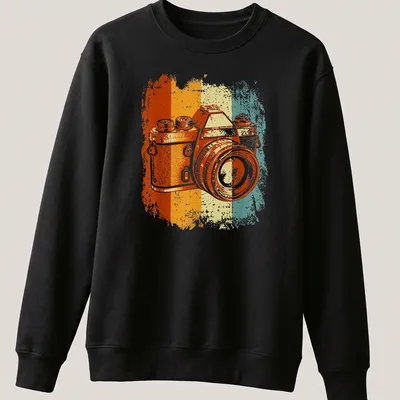 Retro distressed Camera t-shirt with vibrant color stripes in orange, yellow, teal, and white — printed on a unisex sweatshirt