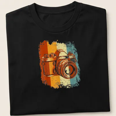 Retro distressed Camera t-shirt with vibrant color stripes in orange, yellow, teal, and white