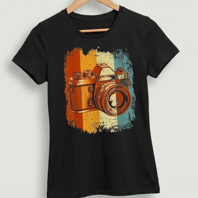 Retro distressed Camera t-shirt with vibrant color stripes in orange, yellow, teal, and white — printed on a women's shirt