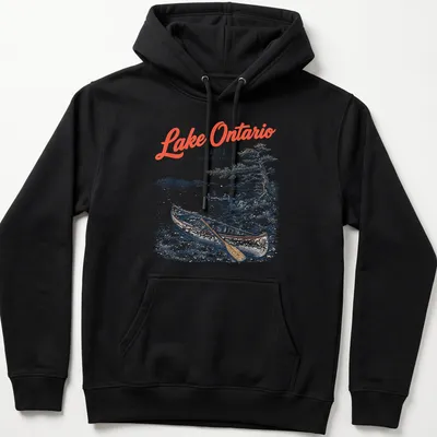 Vintage illustration of a canoe on Lake Ontario with distressed text. — printed on a unisex hoodie