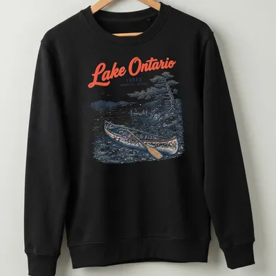 Vintage illustration of a canoe on Lake Ontario with distressed text. — printed on a unisex sweatshirt