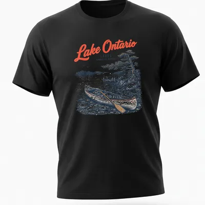 Vintage illustration of a canoe on Lake Ontario with distressed text.