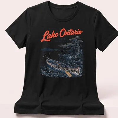 Vintage illustration of a canoe on Lake Ontario with distressed text. — printed on a women's shirt