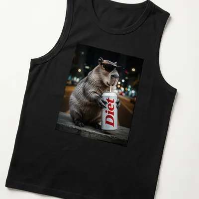Realistic capybara enjoying a drink with the word 'Diet' printed above. — printed on a tank top