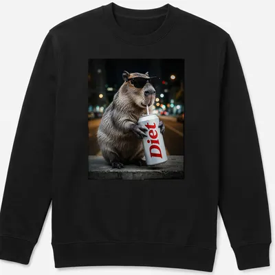 Realistic capybara enjoying a drink with the word 'Diet' printed above. — printed on a unisex sweatshirt