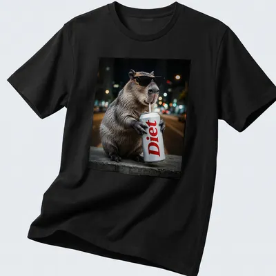 Realistic capybara enjoying a drink with the word 'Diet' printed above.