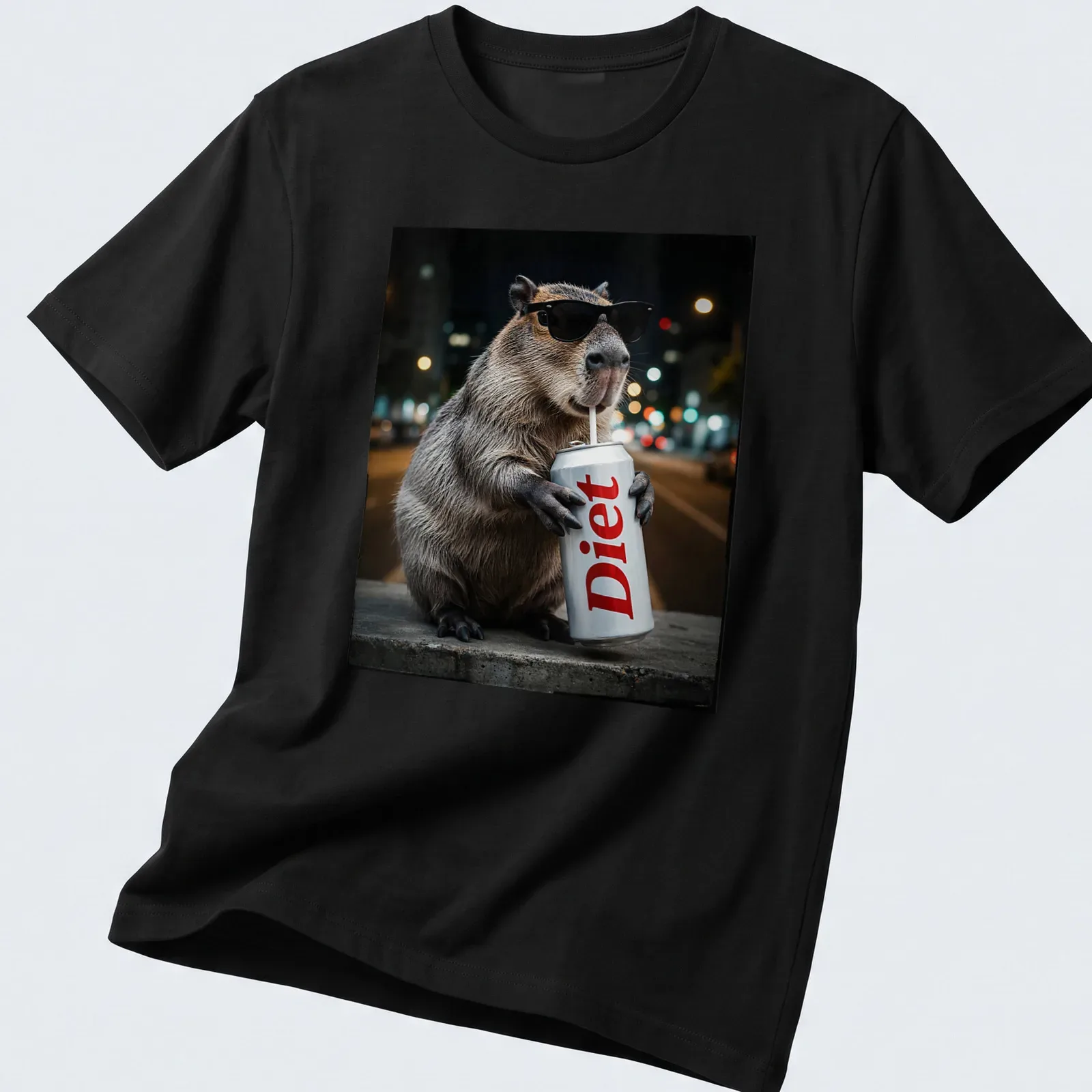 Realistic capybara enjoying a drink with the word 'Diet' printed above. — printed on a unisex t-shirt