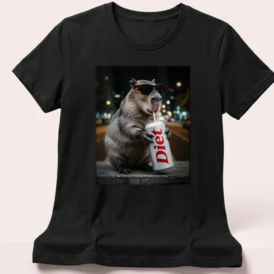 Realistic capybara enjoying a drink with the word 'Diet' printed above. — printed on a women's shirt