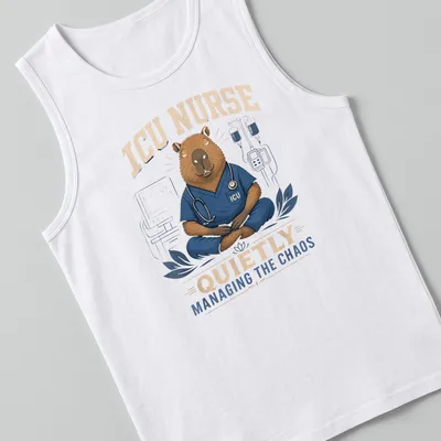Cartoon capybara nurse in scrubs managing chaos with medical tools — printed on a tank top