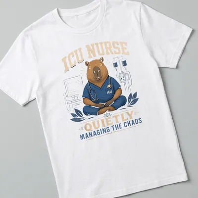 Cartoon capybara nurse in scrubs managing chaos with medical tools